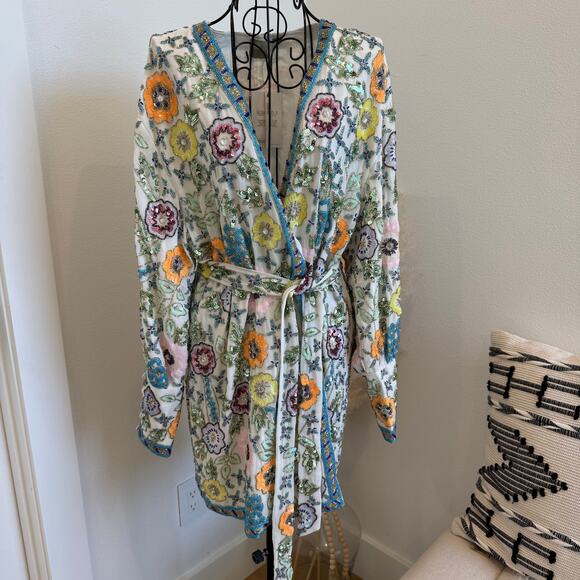 ASOS Fully Beaded Floral Wrap Belted Mini Dress NWT Size 8 - Picture 1 of 12